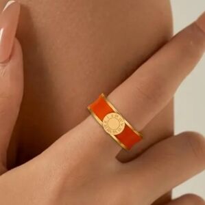 Orange & Gold Plated Thick Band Roman Numeral Non-Functioning Clock Ring Size 7
